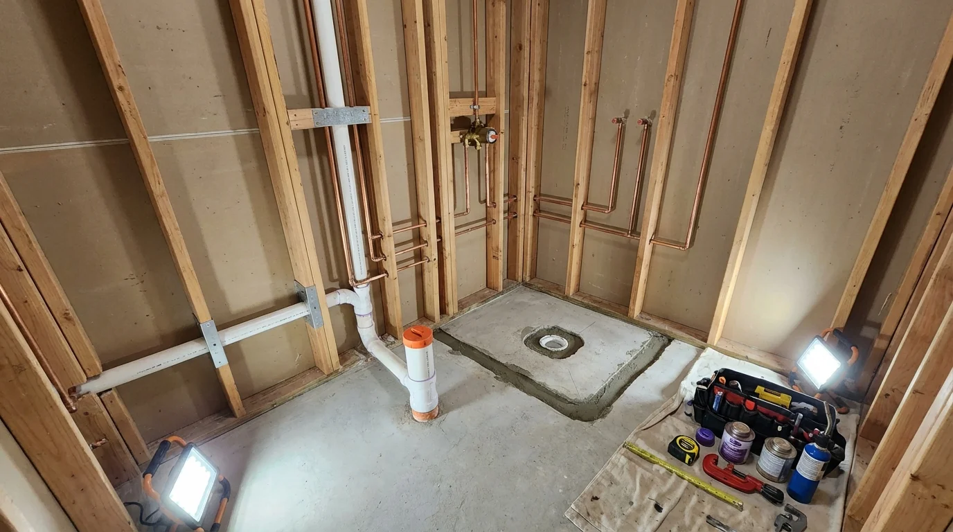 Bathroom rough-in plumbing during remodel by Johns Plumbing LLC in Hermitage