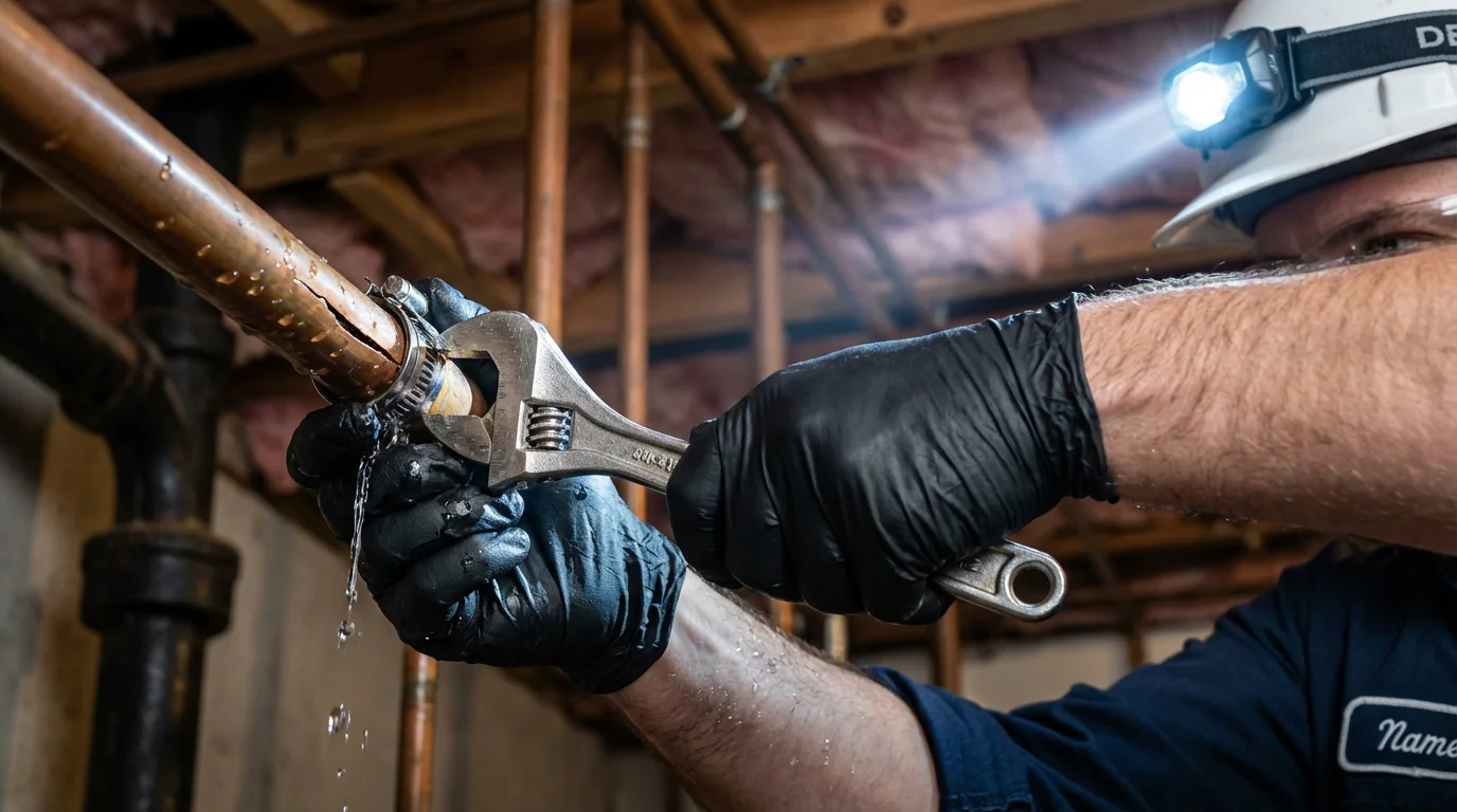 Emergency pipe clamp repair being performed by a Johns Plumbing LLC plumber in Hermitage