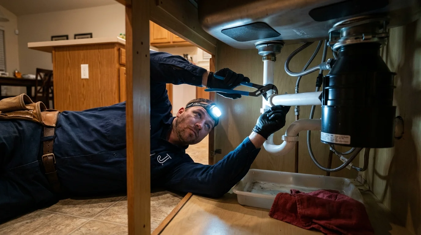 P-trap and supply line connections under a kitchen sink showing a common leak point in Hermitage, PA